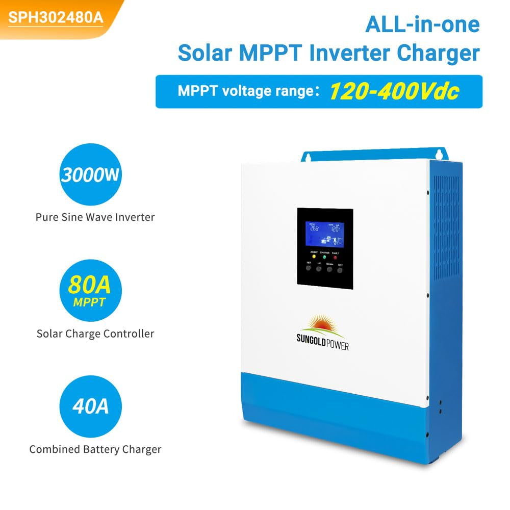3000W DC 24V Pure Sine Wave Inverter with 80A MPPT Solar Charger (MPPT Voltage Range 120V-400Vdc), 40A AC Battery Charger, Solar Inverter Charger Manufactured by Sungoldpowerco.,Ltd (Upgraded)
