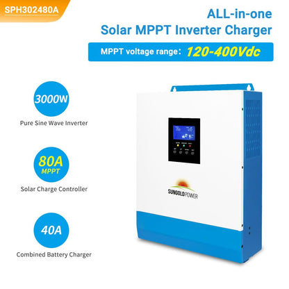 3000W DC 24V Pure Sine Wave Inverter with 80A MPPT Solar Charger (MPPT Voltage Range 120V-400Vdc), 40A AC Battery Charger, Solar Inverter Charger Manufactured by Sungoldpowerco.,Ltd (Upgraded)