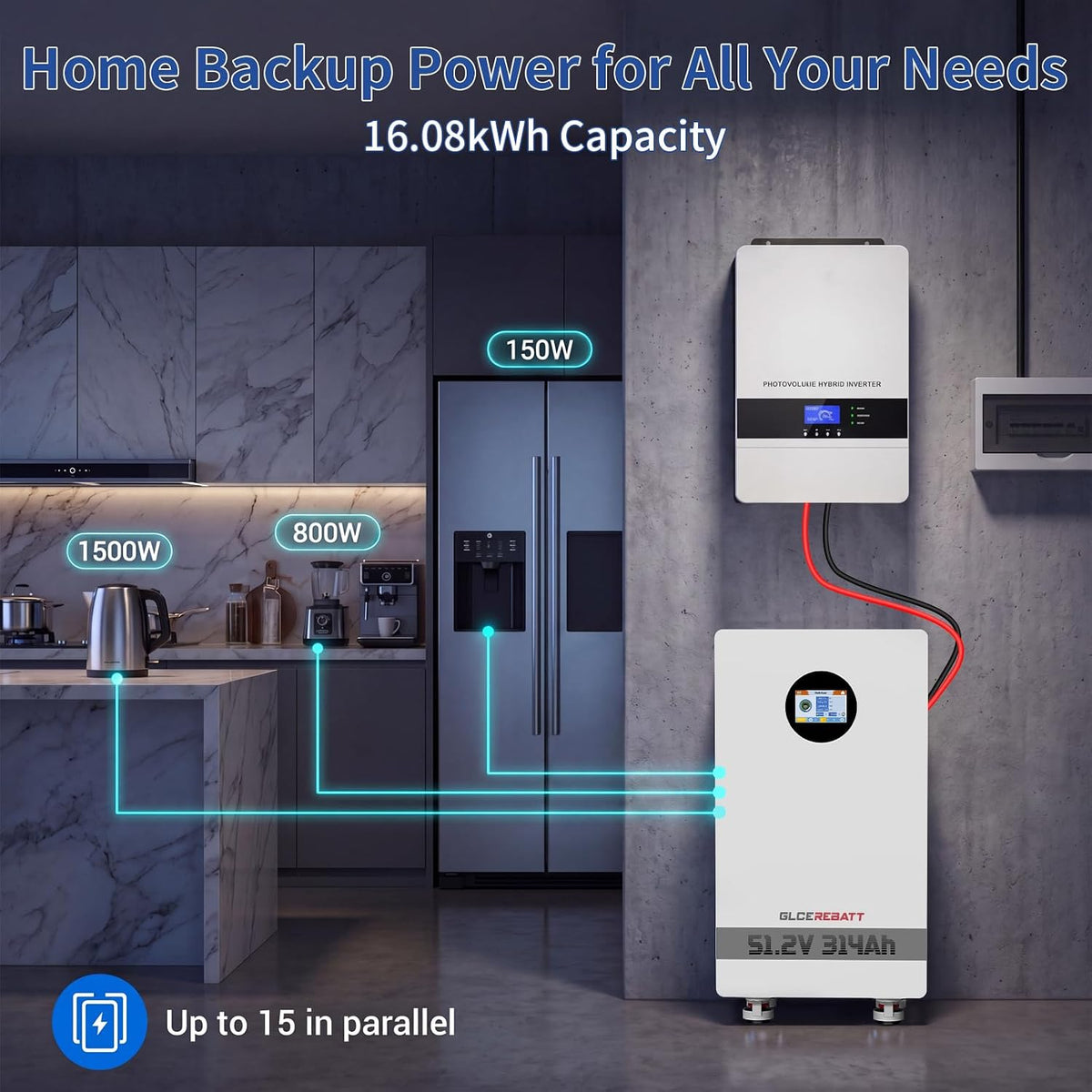 48V 314Ah Lifepo4 Battery, 200A Active Balancing BMS, 16.07Kwh, LCD Touchscreen & Bluetooth, up to 15 Units Parallel for Home Solar Backup Off-Grid