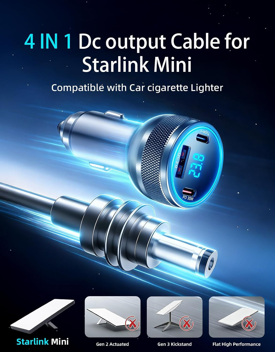 Starlink Mini Car Adapter, 10FT Starlink Mini Power Cable, 12V-24V