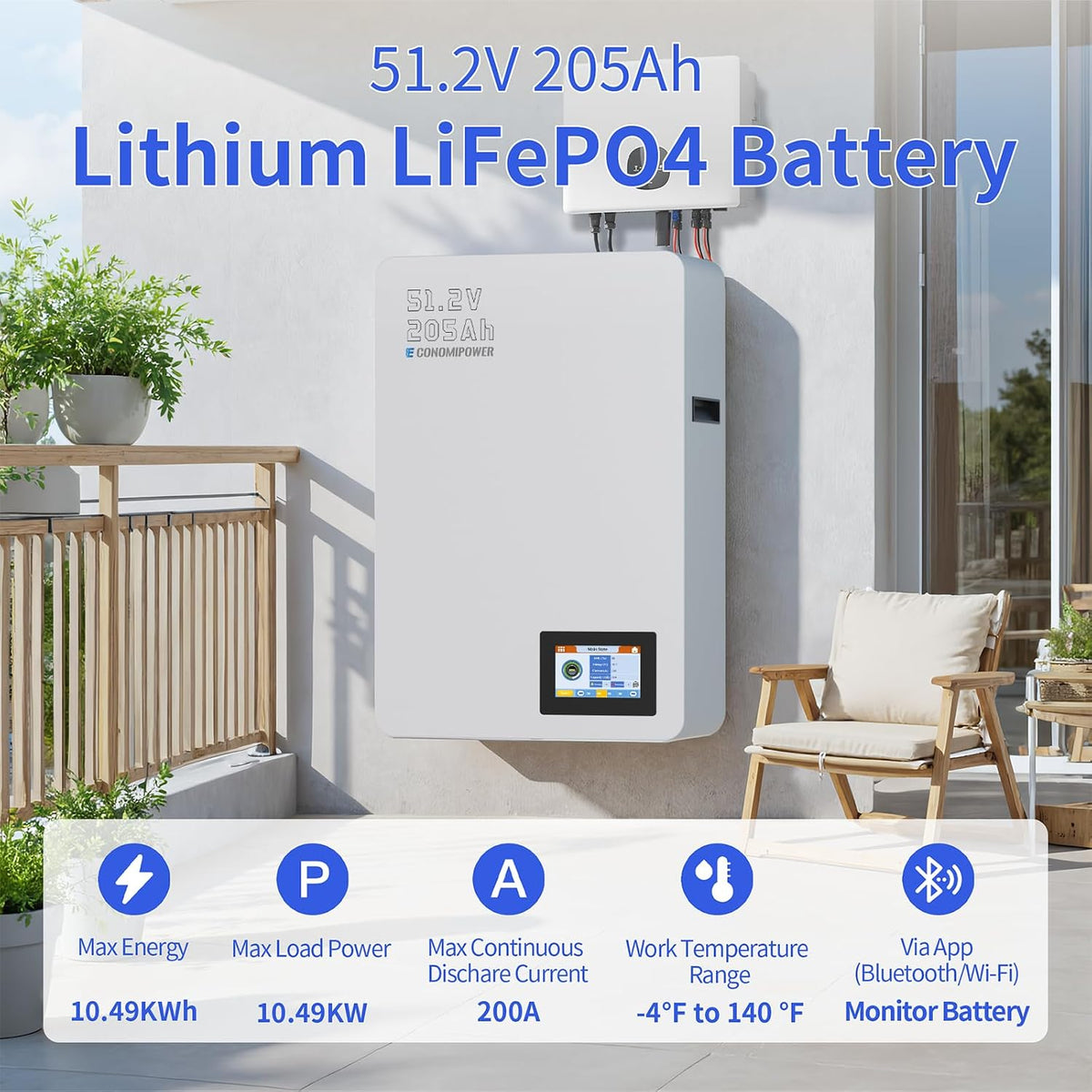 48V 200Ah(205Ah) Lifepo4 Battery Wall Mounted, 10.49Kwh Solar Storage 8000+ Cycles 48V Rechargeable Lithium Battery with 200A BMS for Photovoltaic System, Home Use, Emergency, RV