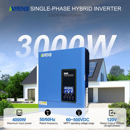 3000W Hybrid Inverter, 24Vdc to 110Vac Solar Inverter Charger Built-In 80A MPPT Controller, Pure Sine Wave PV Power Converter, Supports Battery-Less or AGM Lithium Battery