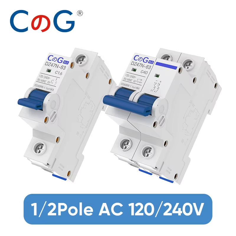 DZ47N 1P/2P 6A 10A 16A 20A 25A 32A 40A 50A 63A Circuit Breaker 120/240V MCB Din Rail Mount AC Disconnect Switch