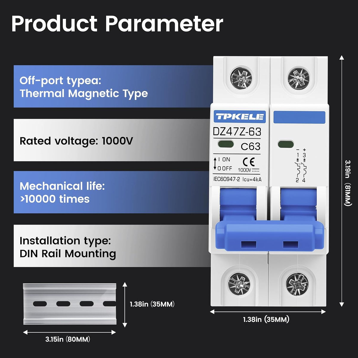DZ47 DC 1000V 63A 2 Pole Miniature Circuit Breaker, DIN Rail Mount DC MCB for Solar PV System, Thermal Magnetic Trip DC Disconnect Protection Switch