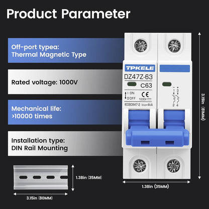 DZ47 DC 1000V 63A 2 Pole Miniature Circuit Breaker, DIN Rail Mount DC MCB for Solar PV System, Thermal Magnetic Trip DC Disconnect Protection Switch