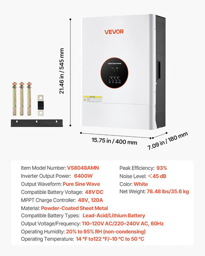 6400W 48V Hybrid Solar Inverter, 120V/240V Split Phase, Built-In 120A MPPT Solar Charge Controller, Low Frequency Pure Sine Wave Power Inverter, for Lead Acid Lithium Battery Off-Grid, NO Wifi