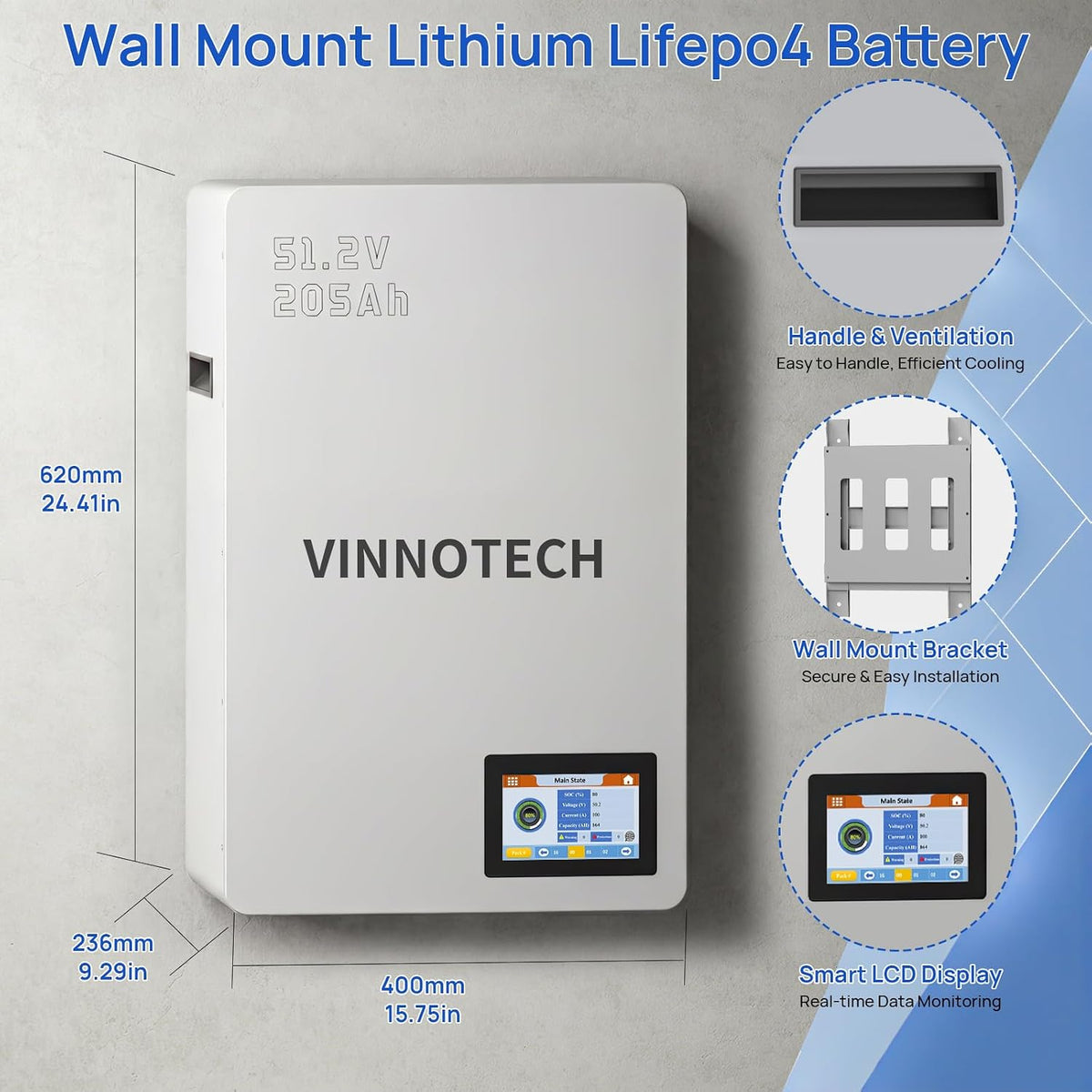48V 200Ah((205Ah) Lithium Battery Wall Mounted, 10.49Kwh Lifepo4 Battery with 200A BMS, Bluetooth & Touchscreen, CAN |RS485 |RS232, Deep Cycle for Solar RV Backup Power