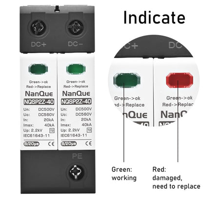 DC SPD Surge Protector for 100V-1000V PV Systems, 2-Pole 40Ka T2 Level, Replaceable Module, Solar Panel Lightning Protection, Overvoltage Protection (500V)