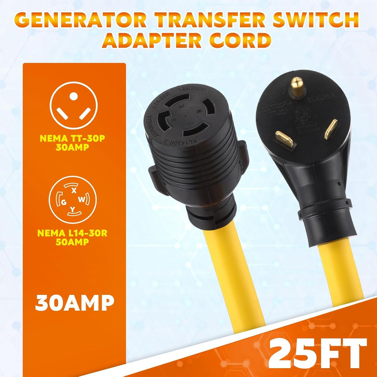 25Ft NEMA TT-30P to L14-30R Generator Transfer Switch Adapter Cord