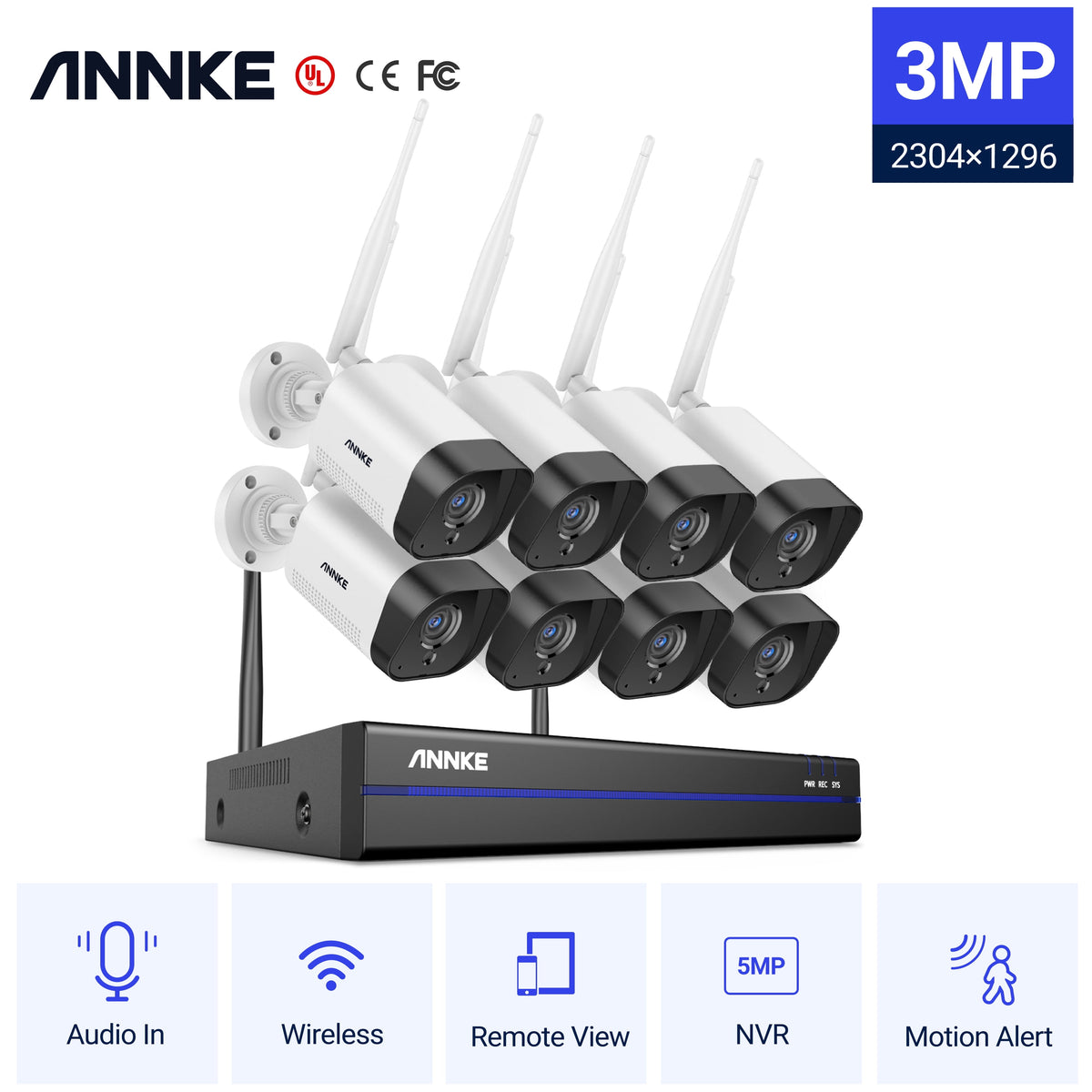 WS200 8 Channel 5MP Wireless NVR Security System with 8Pcs 3MP HD Wifi IP Cameras 100 Ft Night Vision H.264+ Smart Motion Alerts Audio Record AI Human Detection IP66 Waterproof without HDD