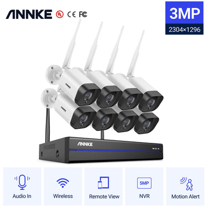WS200 8 Channel 5MP Wireless NVR Security System with 8Pcs 3MP HD Wifi IP Cameras 100 Ft Night Vision H.264+ Smart Motion Alerts Audio Record AI Human Detection IP66 Waterproof without HDD