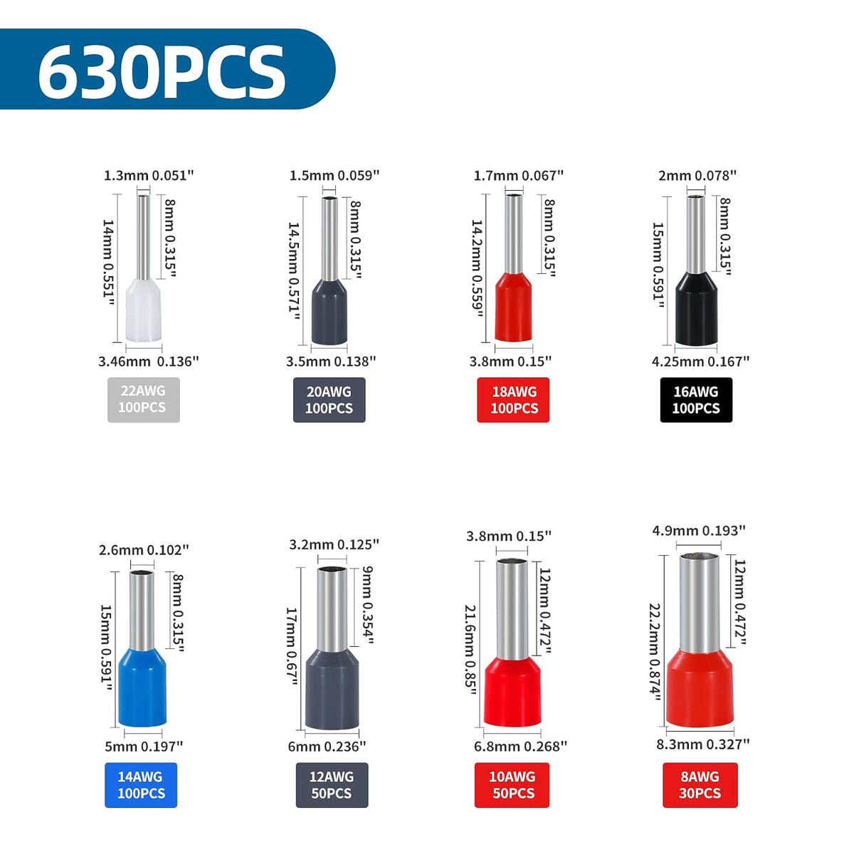 Ferrule Crimping Tool Kit,Ferrule Crimper AWG(22-8), 8 Sizes Wire Ferrule Kit AWG(22 20 18 16 14 12 10 8) Gauge Insulated Ferrule Connectors