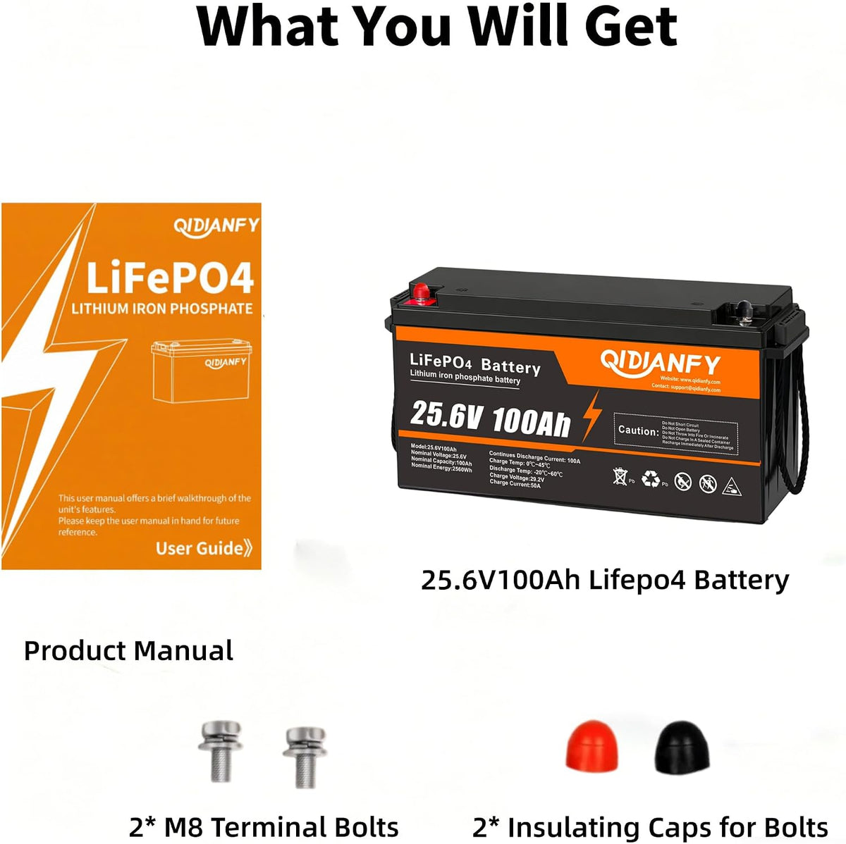 24V 100Ah Lifepo4 Lithium Battery, 100A BMS, 2560Wh Energy