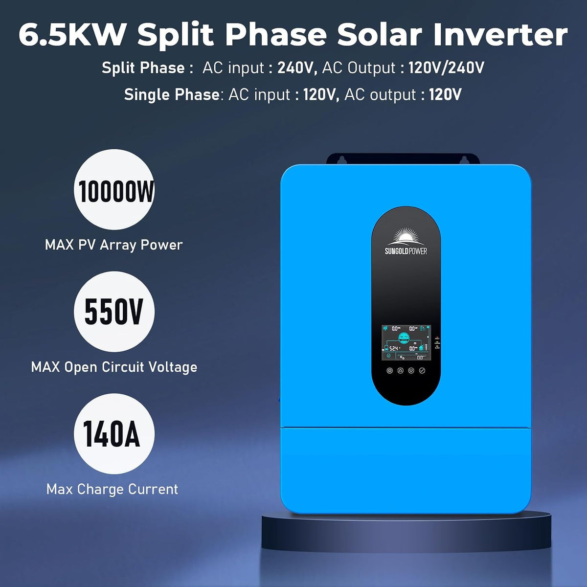 SUNGOLDPOWER UL1741 SPH6548P 6500W DC 48V Split Phase Solar Inverter,120V/240V AC Input/Output (Settable),Built-In 2 MPPT Solar Controllers,Max. 140A Battery Charging,Inverter Charger Support Parallel