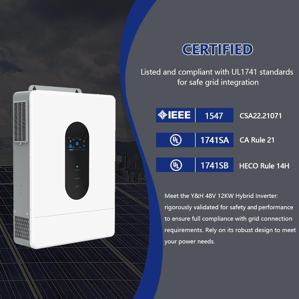 7200W Split Phase Hybrid Solar Inverter 48V DC to 120/240V AC, UL1741, Built-In 150A Solar Charger, 6-Unit Parallel to 43.2KW, Supports Battery-Free & Lithium/Lead-Acid, for Home/Rv/Cabin/Off-Grid