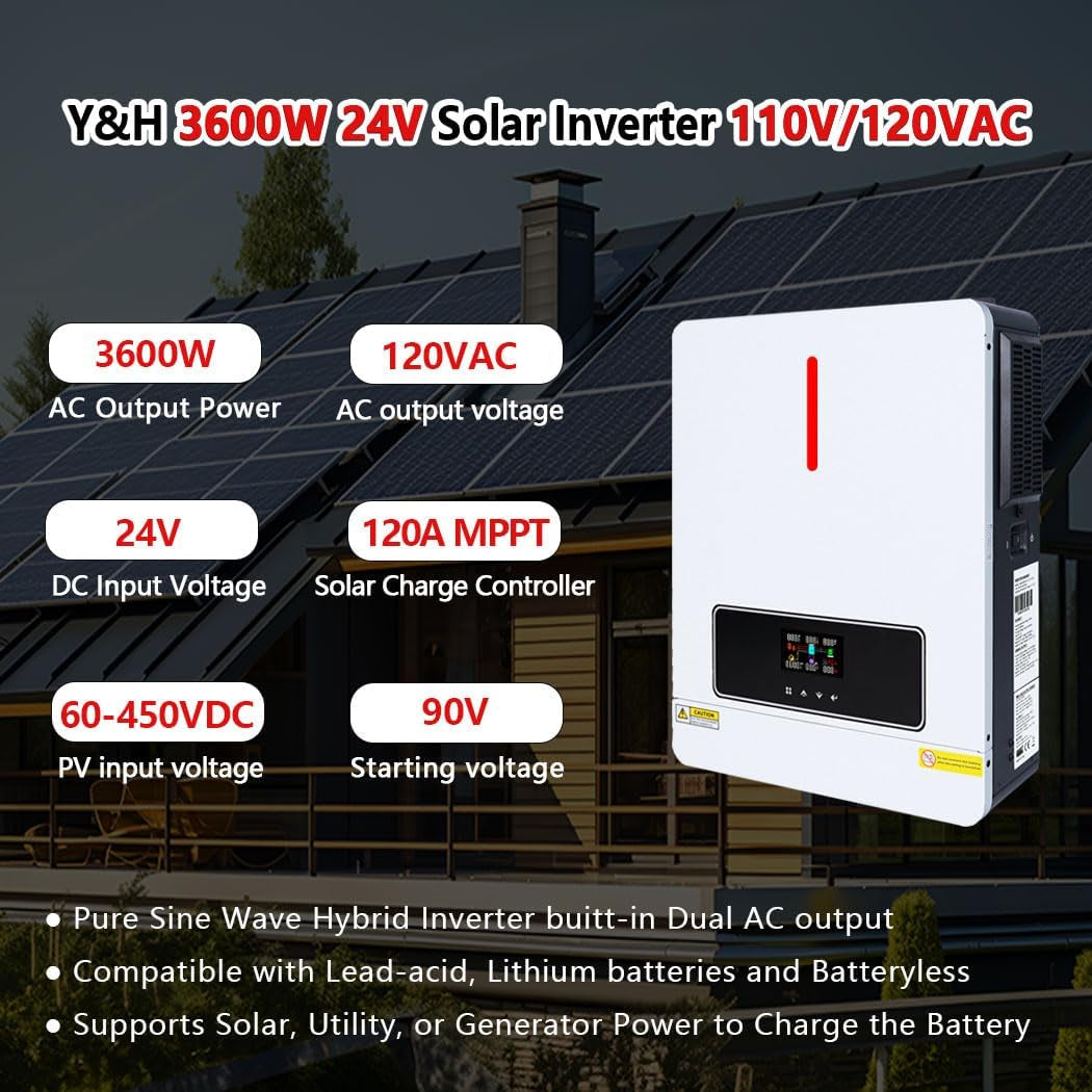 3600W Hybrid Solar Inverter 24V DC to 110/120V AC Pure Sine Wave, 120A MPPT Charge Controller, Dual AC Output, Max 4200W PV Input, Battery-Free Operation for Home Backup RV Off-Grid Solar System