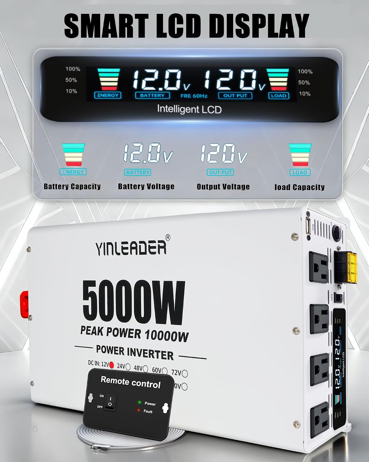 5000 Watt Power Inverter 12V to 110V/120V, Solar Inverter Remote for RV Camping Off-Grid Solar Inverter Systems