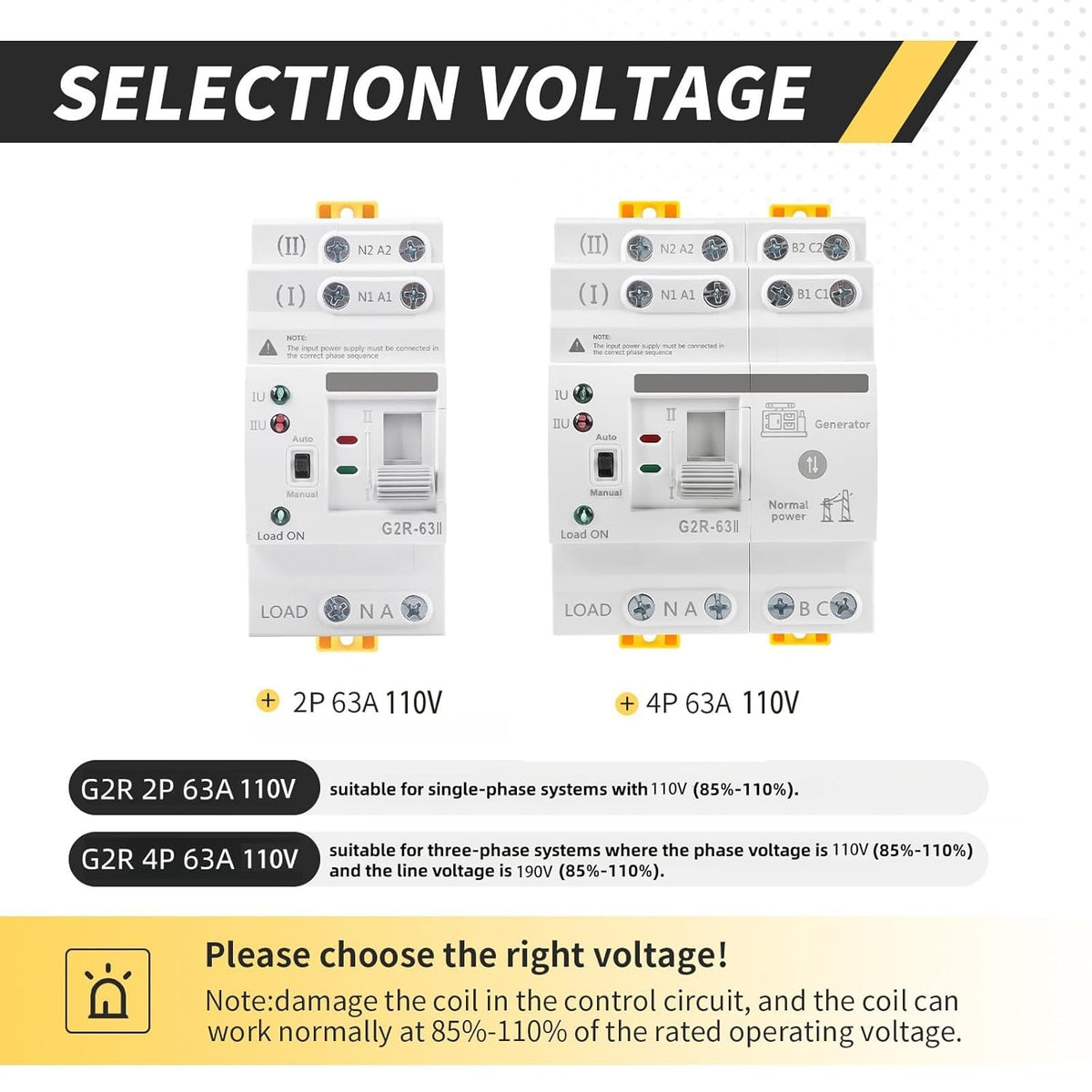 Mini ATS AC Automatic/Manual Transfer Switch 2P 63A 110V, ATS Manual Transfer for Uninterruptible Power Supply Home,Dual Auto Power Electrical Selector Switch DIN Rail Mount（G2R 2P 63A AC110V）