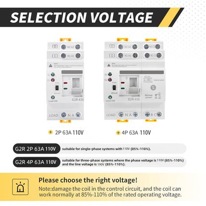 Mini ATS AC Automatic/Manual Transfer Switch 2P 63A 110V, ATS Manual Transfer for Uninterruptible Power Supply Home,Dual Auto Power Electrical Selector Switch DIN Rail Mount（G2R 2P 63A AC110V）