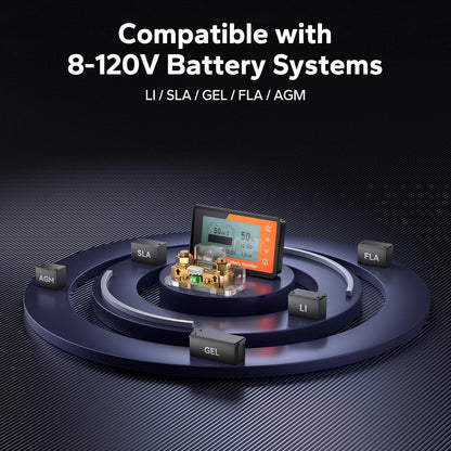500A Battery Monitor with Shunt, 8V-120V, M8 Terminals, Buzzer Alarm