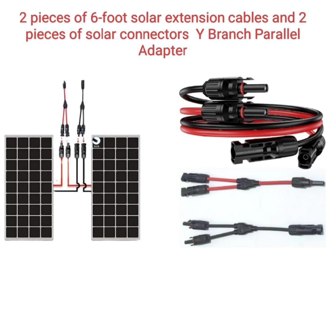 2PCS 6 FT 10AWG Solar Extension Cable with Female and Male Connector，With Extra 2Pcs Solar Y Branch Connectors Adaptor Kit for Home, Ship and RV Solar Panels，Waterproof Solar Extensioncable Kit