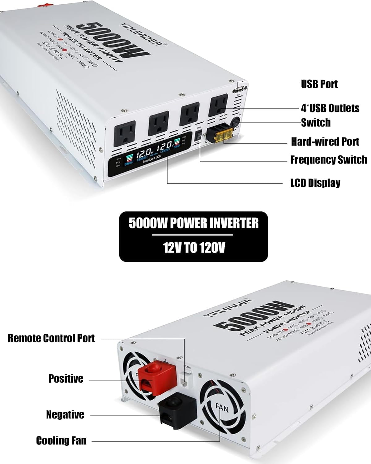 5000 Watt Power Inverter 12V to 110V/120V, Solar Inverter Remote for RV Camping Off-Grid Solar Inverter Systems