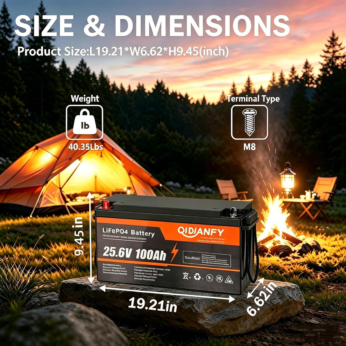 24V 100Ah Lifepo4 Lithium Battery, 100A BMS, 2560Wh Energy