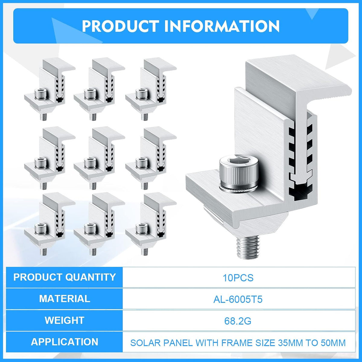 10 Solar Panel End Clamp Mounting Z Bracket Mid Clamps Aluminum Rail End Clamps Clips Adjustable Panels Grounding Gutter Kit for Pv Mounting System Install Hardware Fasteners Accessory