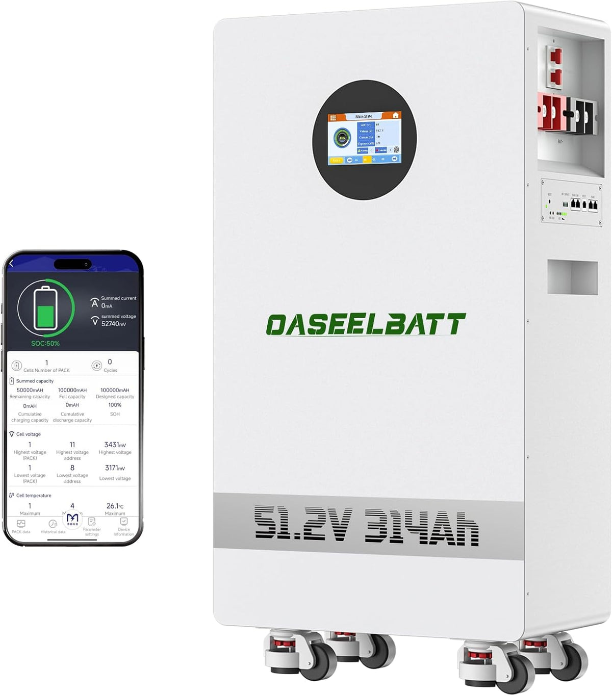 51.2V 314Ah Lifepo4 Battery,16.07Kwh with 200A Active Balancing BMS,LCD Touchscreen for Home Solar Backup off Grid System