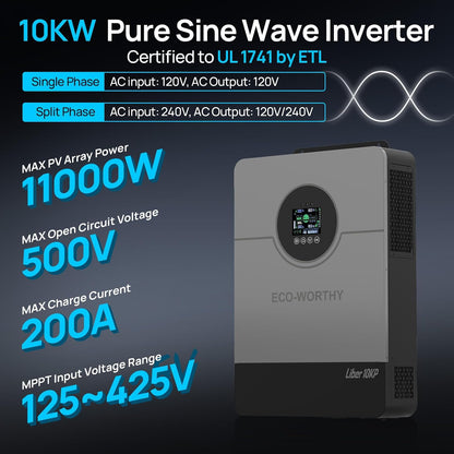 Liber 10000W DC 48V UL1741 Solar Inverter,Ac Output 120V/240V,Support Parallel,Built-In 2 MPPT Solar Controllers,Max 200A Battery Charging,Parallel up to 6 Units 48V Inverter Charger