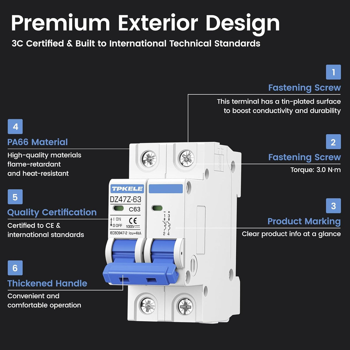 DZ47 DC 1000V 63A 2 Pole Miniature Circuit Breaker, DIN Rail Mount DC MCB for Solar PV System, Thermal Magnetic Trip DC Disconnect Protection Switch
