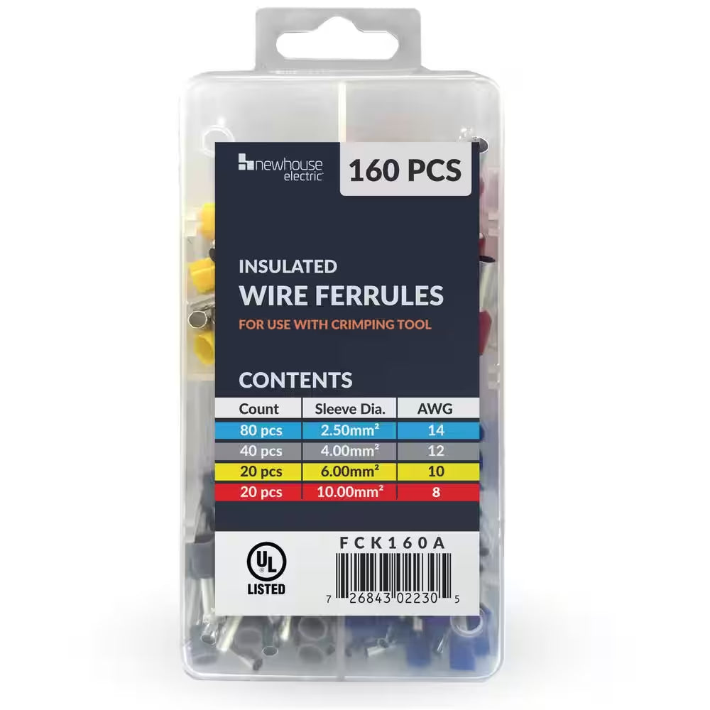 Insulated Wire Ferrule Refill Kit 160 Pcs Sized AWG 14-8 for Use with Crimping Tool