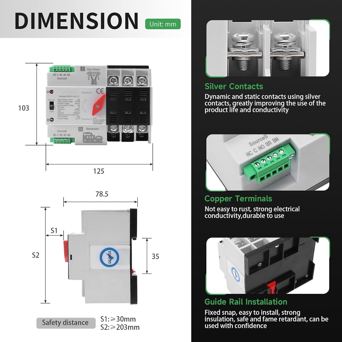 63Amp AC220V Automatic/Manual Transfer Switch 3P 50/60Hz, 3POLE 63A Mini ATS Solar Auto Dual Power Switch W2R for Home Generator, Din Rail Mount Cn Automatic Changeover Fast Transfe For,Rv,Lv Power