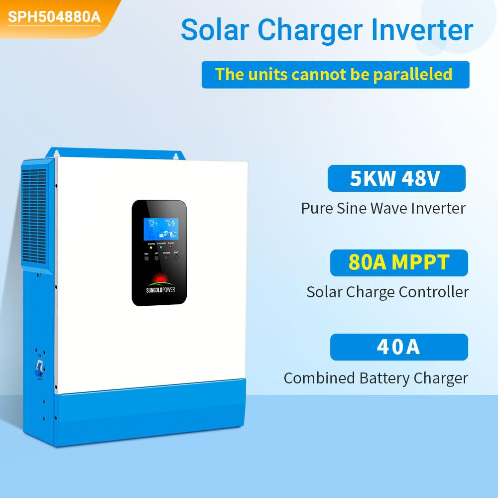 SUNGOLDPOWER UL1741 5000W Hybrid Solar Inverter,48V DC to 110V/120V Ac,All in One,80A MPPT Solar Charger and 40A AC Battery Charger Pure Sine Wave for off Grid System(No Parallel)