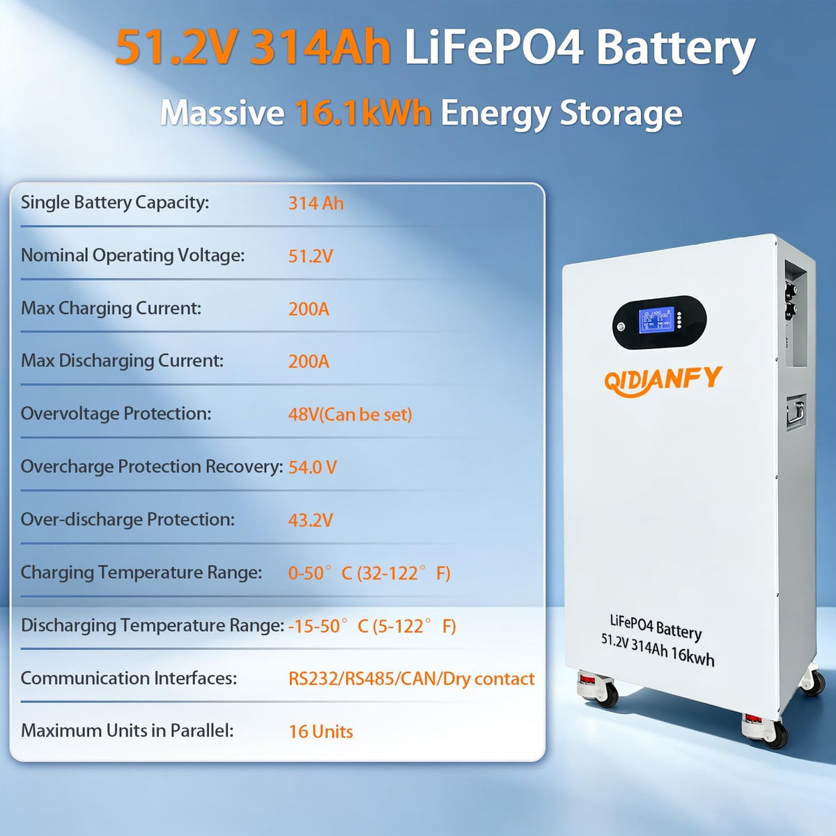 48V 314Ah Lifepo4 Battery, 16.1Kwh Energy with Breaker
