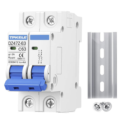 DZ47 DC 1000V 63A 2 Pole Miniature Circuit Breaker, DIN Rail Mount DC MCB for Solar PV System, Thermal Magnetic Trip DC Disconnect Protection Switch