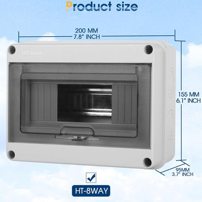 Waterproof Distribution Protection Box, ABS Plastic Breaker Electrical Box and Transparent Cover IP65, for Indoor Outdoor Wall Circuit Breaker (HT-8WAY)