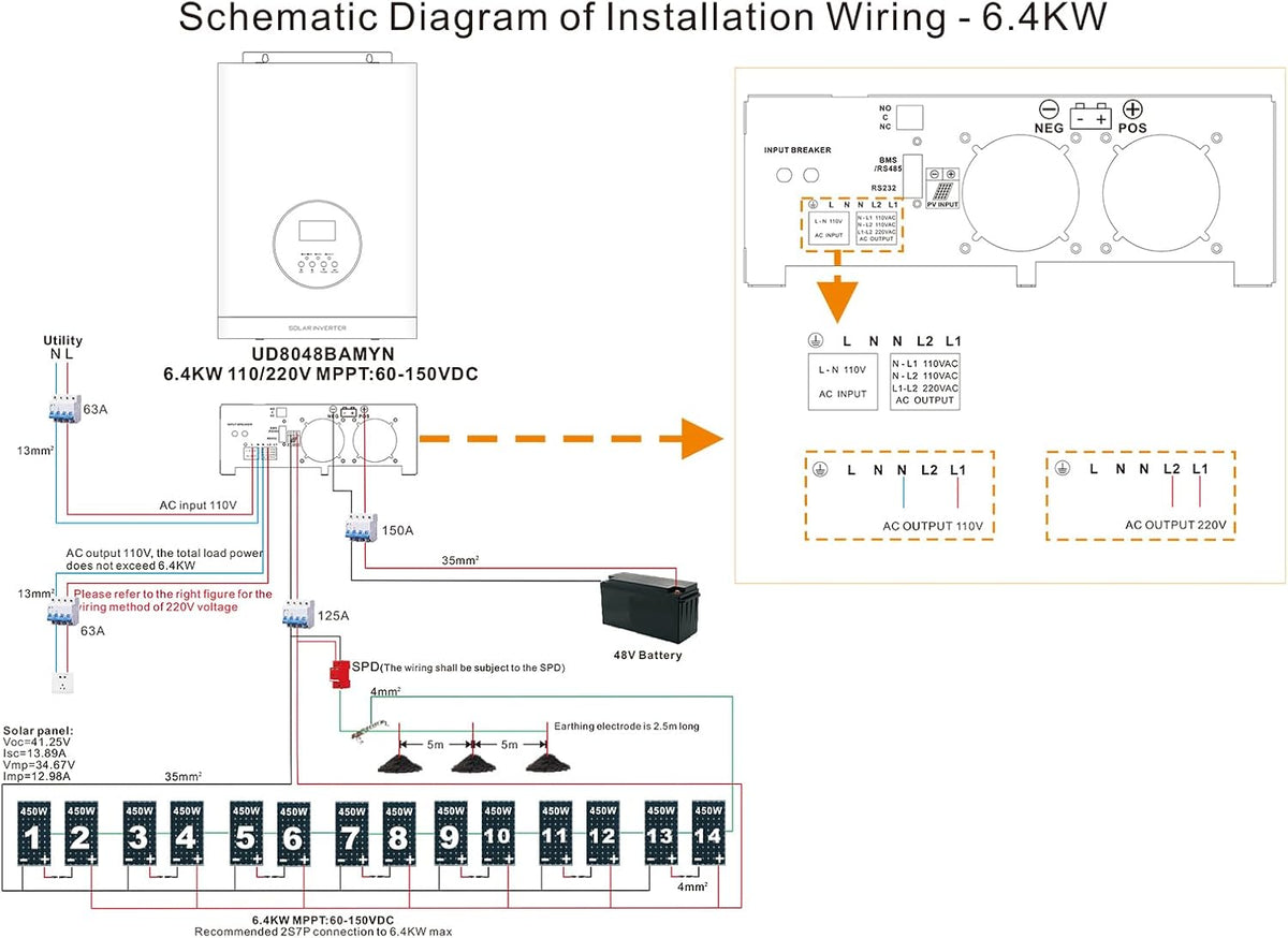 6400W 48V Hybrid Solar Inverter, 120V/240V Split Phase, Built-In 120A MPPT Solar Charge Controller, Low Frequency Pure Sine Wave Power Inverter, for Lead Acid Lithium Battery Off-Grid, NO Wifi