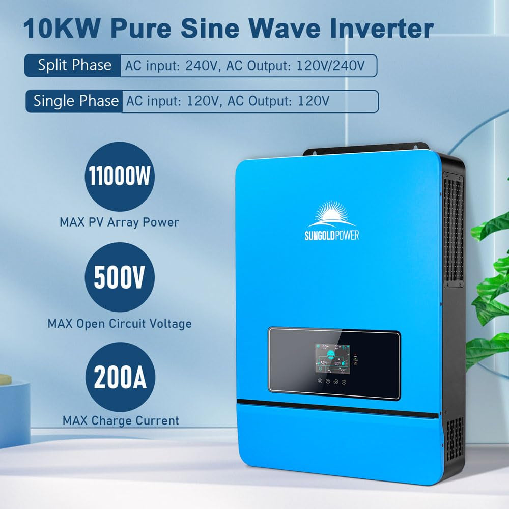 10000W 48V Solar Inverter,Built-In 2 Mppts, Max 200A Battery Charging, AC Input/Output 120V/240V(Settable), Split Phase Pure Sine Wave Inverter(Wifi and BMS COMM) UL1741 SPH10048P