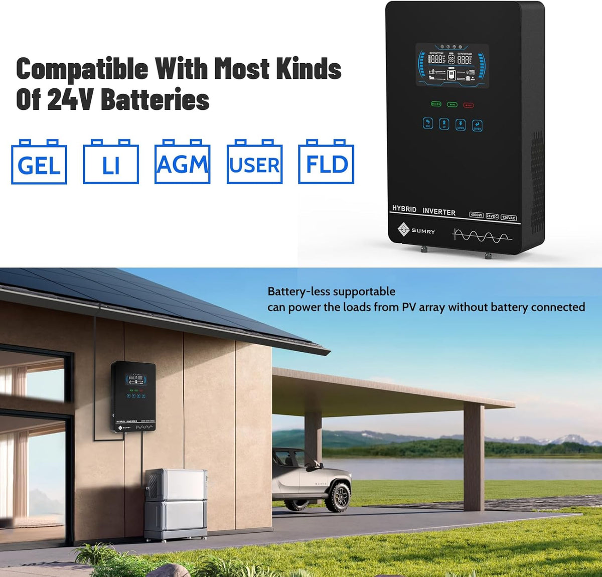 SUMRY Hybrid Solar Inverter, 4000W DC24V to AC120V Pure Sine Wave Power