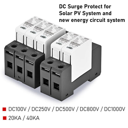DC SPD Surge Protector for 100V-1000V PV Systems, 2-Pole 40Ka T2 Level, Replaceable Module, Solar Panel Lightning Protection, Overvoltage Protection (500V)