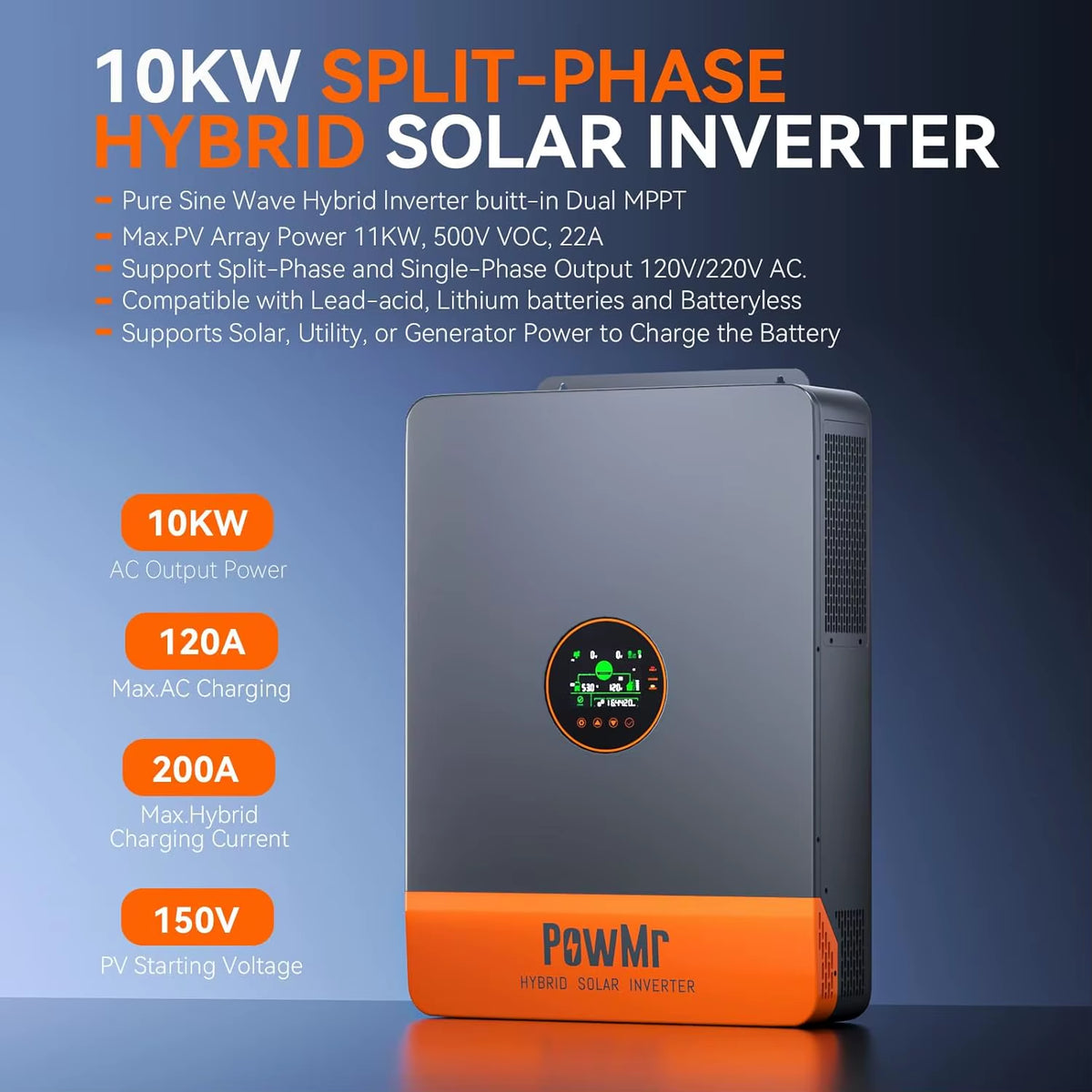 10KW Split Phase Inverter 48V 110V 220V Hybrid Solar Inverter Dual MPPT Dual Output off Grid with MPPT 200A Solar Charger