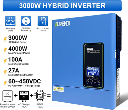3000W Hybrid Inverter, 24Vdc to 110Vac Solar Inverter Charger Built-In 80A MPPT Controller, Pure Sine Wave PV Power Converter, Supports Battery-Less or AGM Lithium Battery