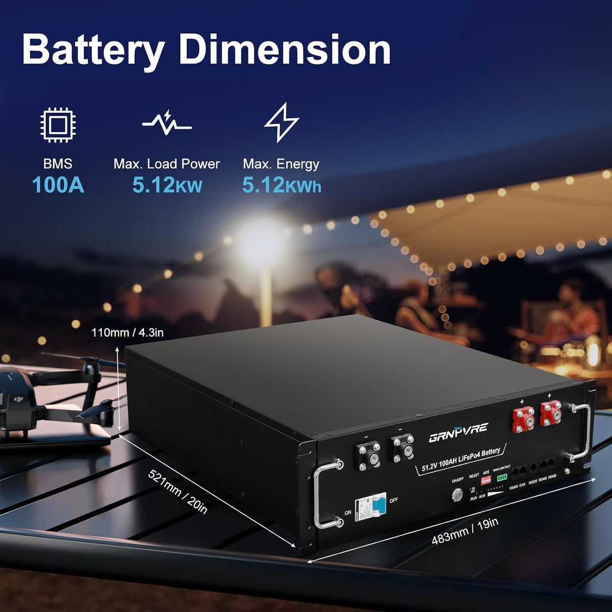 48V 100Ah Lifepo4 Battery, 5.12Kwh 3U Server Rack Mount Lithium Battery, Built‑In 100A Smart BMS, RS485 CAN RS232, up to 15000 Cycles, for Solar Energy Storage Home Backup