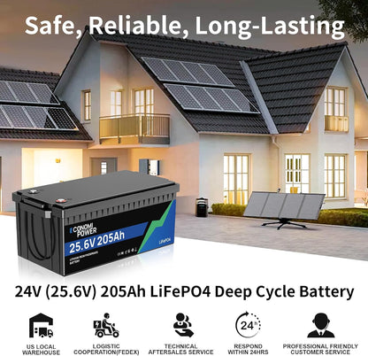 24V 200Ah(205Ah) Lifepo4 Lithium Battery, Built-In 200A BMS Bluetooth Monitoring, 5000 Deep Cycles, 5248Wh Lithium Battery for Solar, RV, Marine, Trolling Motor, Off-Grid