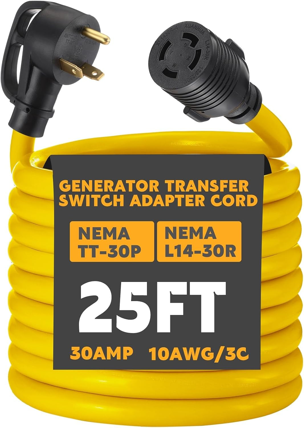 25Ft NEMA TT-30P to L14-30R Generator Transfer Switch Adapter Cord